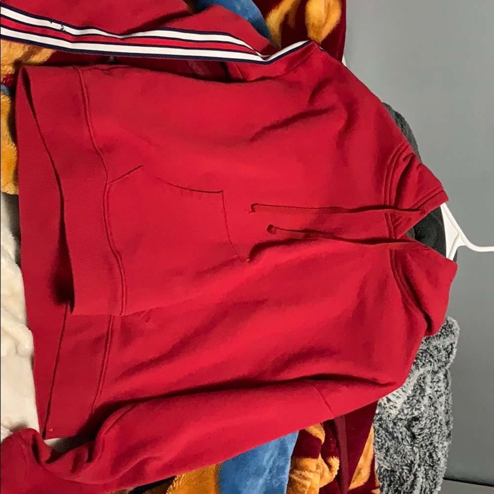 Red cropped hoodie.